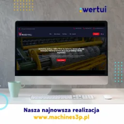 Ekran monitora wyświetlający stronę internetową firmy produkującej maszyny do siatki węzłowej, z widocznym logo firmy 'IB Maszyny' i tekstem 'Jesteśmy jedną z kilku firm na świecie, które oferują...
