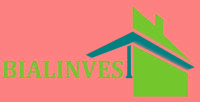 Logo firmy budowlanej Bialinves przedstawiające uproszczony, niebieski kształt domu z czarnym dachem na białym tle.