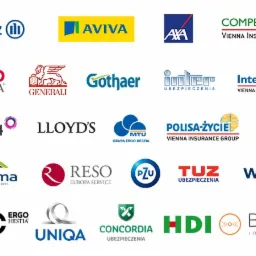 Kolekcja logotypów różnych towarzystw ubezpieczeniowych, w tym Allianz, Aviva, Axa, Ergo Hestia, Generali, PZU, Warta, Concordia i innych, ułożonych w siatce na białym tle.