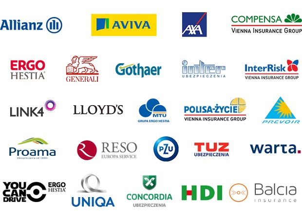 Kolekcja logotypów różnych towarzystw ubezpieczeniowych, w tym Allianz, Aviva, Axa, Ergo Hestia, Generali, PZU, Warta, Concordia i innych, ułożonych w siatce na białym tle.
