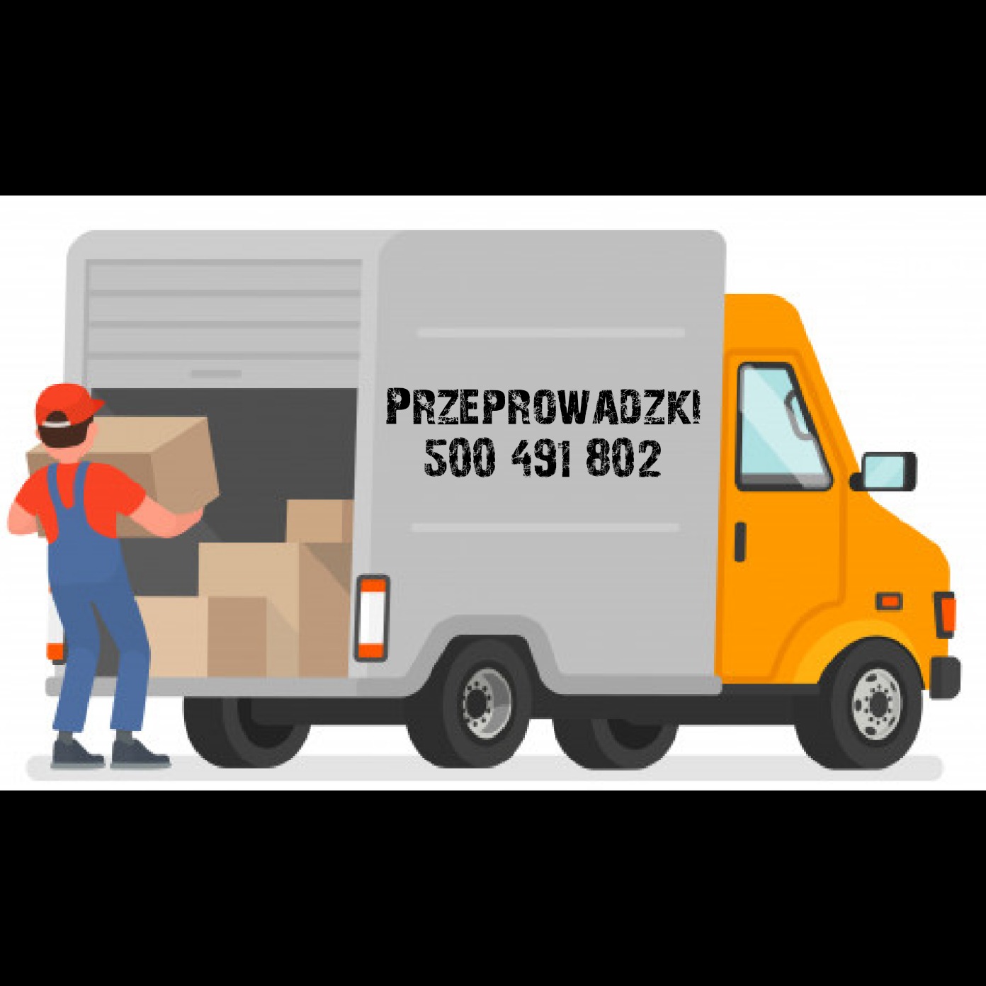 Ilustracja: Pracownik w kombinezonie ładuje kartony do szarego busa z napisem 'Przeprowadzki! 500 491 802', pomarańczowa kabina.