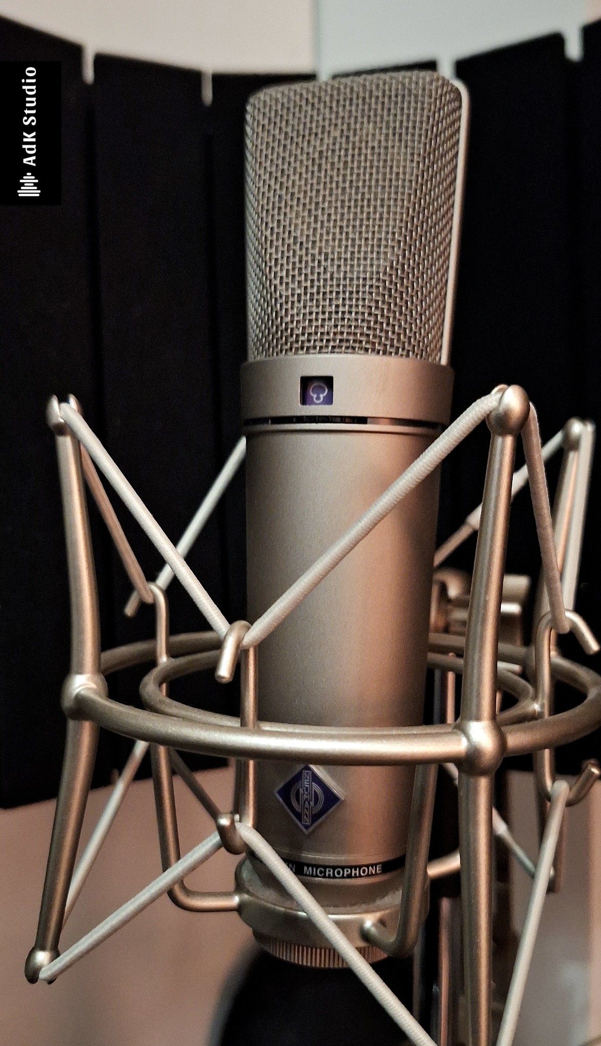 Mikrofon studyjny Neumann w koszyku antywibracyjnym, na tle akustycznej pianki. Sprzęt nagraniowy w zbliżeniu, z widocznym logo producenta.