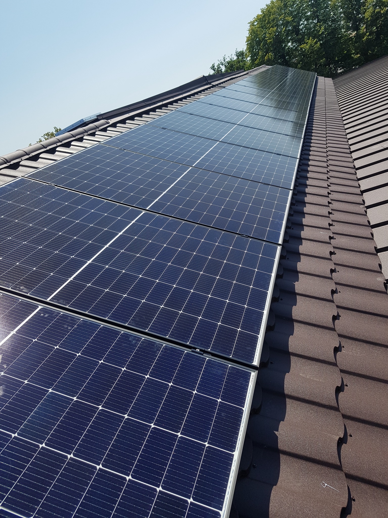 Rząd paneli słonecznych z widocznymi mocowaniami na brązowej dachówce, z zielenią drzew w tle, sfotografowany w słoneczny dzień.