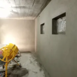 Wnętrze w trakcie prac wykończeniowych: ściany pokryte świeżą gładzią, widoczna żółta betoniarka i zabezpieczone folią meble.