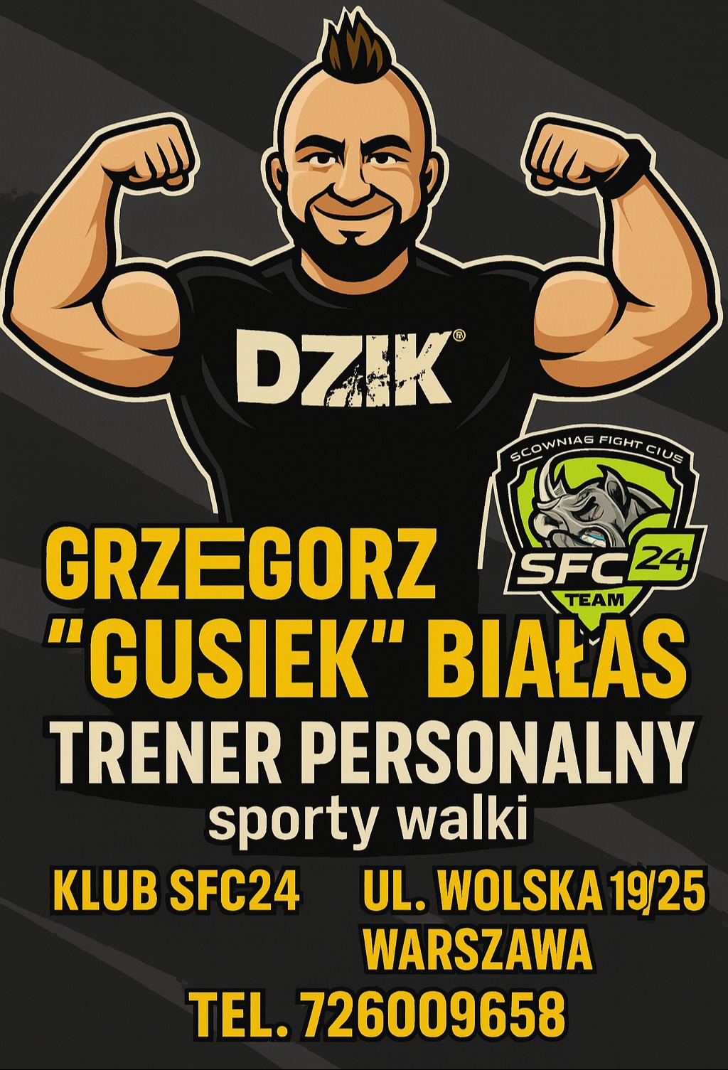 Grafika trenera personalnego Grzegorza 'Gusiek' Białasa, z napisem 'Dzik' i logo klubu SFC24, adres i telefon kontaktowy na czarnym tle.