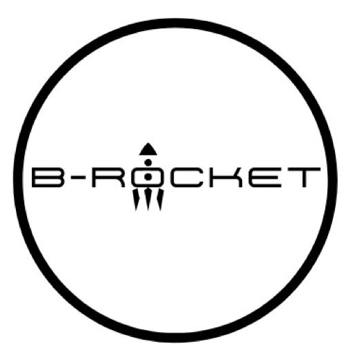 Czarno-białe logo firmy B-Rocket w okręgu, z stylizowaną rakietą w nazwie.