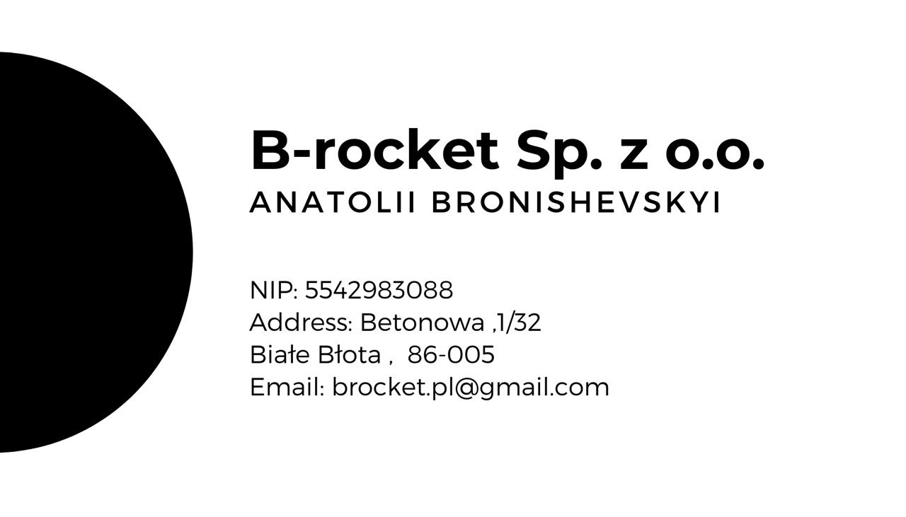 Logo firmy B-rocket Sp. z o.o. z adresem Betonowa 1/32, Białe Błota i adresem email brocket.pl@gmail.com oraz numerem NIP 5542983088.