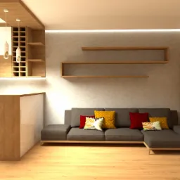 Wizualizacja salonu z szarą sofą narożną, drewnianymi półkami na ścianie, białymi zasłonami z żółtym akcentem i częścią kuchni z blatem barowym i drewnianymi szafkami z białymi frontami...