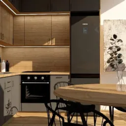 Wizualizacja nowoczesnej kuchni z drewnianymi frontami szafek podświetlonymi listwą LED, szarymi szafkami dolnymi, czarnym piekarnikiem i lodówką Samsung. Na pierwszym planie okrągły drewniany stół...