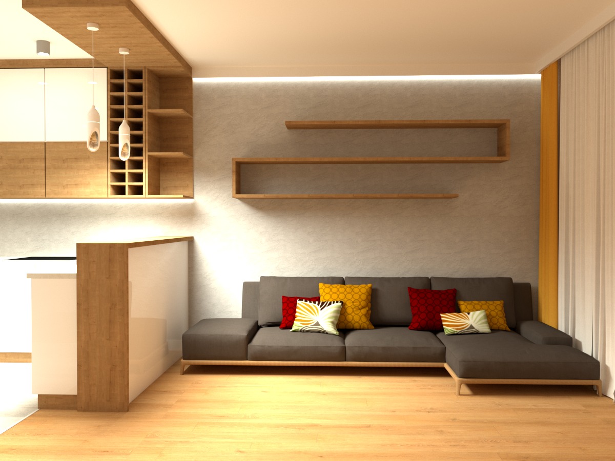 Wizualizacja salonu z szarą sofą narożną, drewnianymi półkami na ścianie, białymi zasłonami z żółtym akcentem i częścią kuchni z blatem barowym i drewnianymi szafkami z białymi frontami...