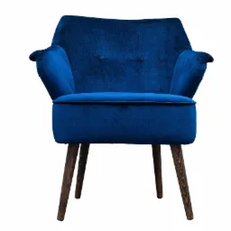 Granatowy, welurowy fotel z drewnianymi nogami, widok z przodu na białym tle, z detalami pikowania na oparciu.