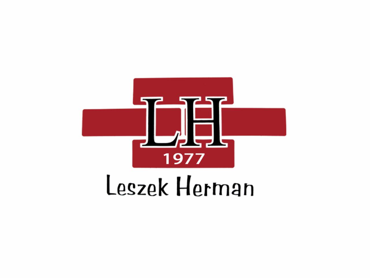 Logo firmy Leszek Herman z inicjałami LH i rokiem założenia 1977, czerwone elementy graficzne na białym tle.