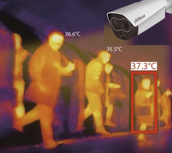Kamera termowizyjna Dahua rejestruje temperaturę przechodzących osób, z zaznaczoną osobą o podwyższonej temperaturze 37.3 stopni Celsjusza.