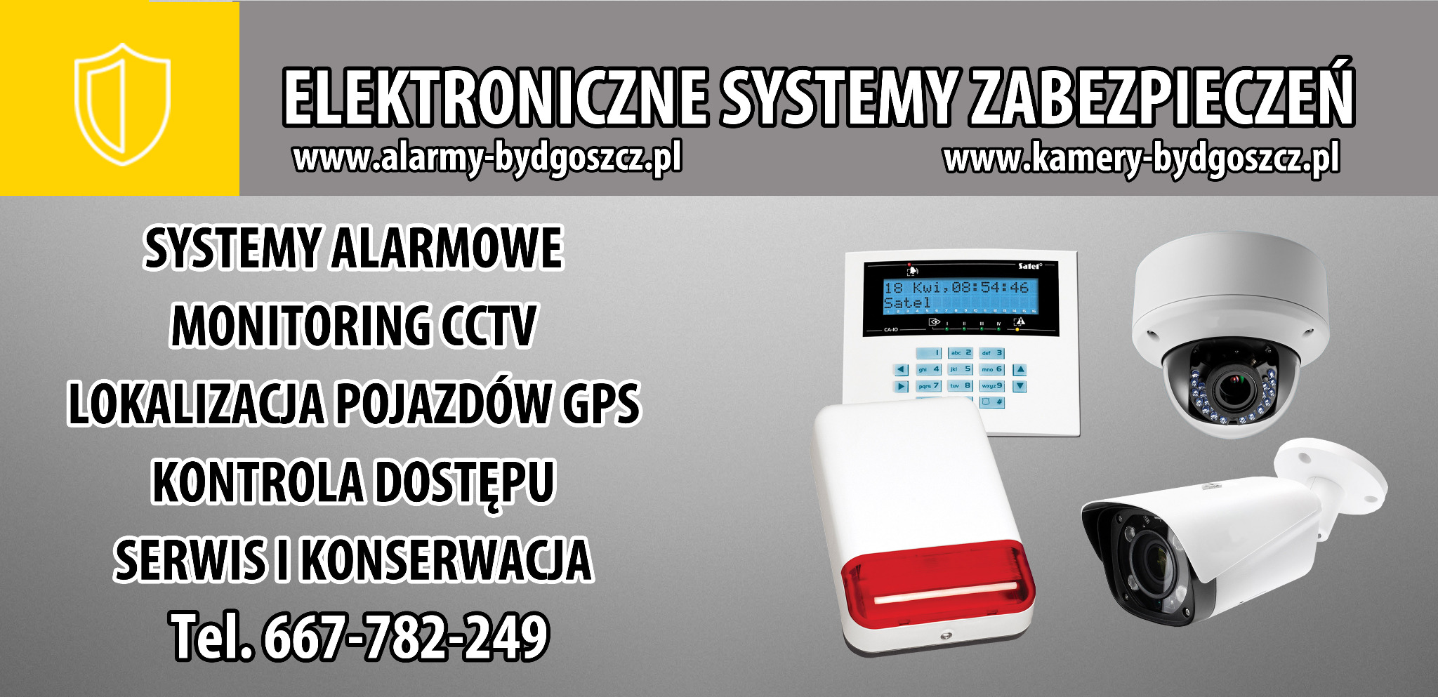 Grafika reklamowa prezentująca elementy systemów zabezpieczeń: centralę alarmową Satel, sygnalizator akustyczno-optyczny, kamerę kopułkową i kamerę tubową CCTV na szarym tle.
