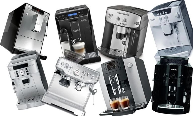 Kolekcja automatycznych ekspresów do kawy różnych marek (Melitta, DeLonghi, Jura, Krups) na białym tle, prezentująca różnorodność modeli, od srebrnych po czarne, z widocznymi detalami jak...