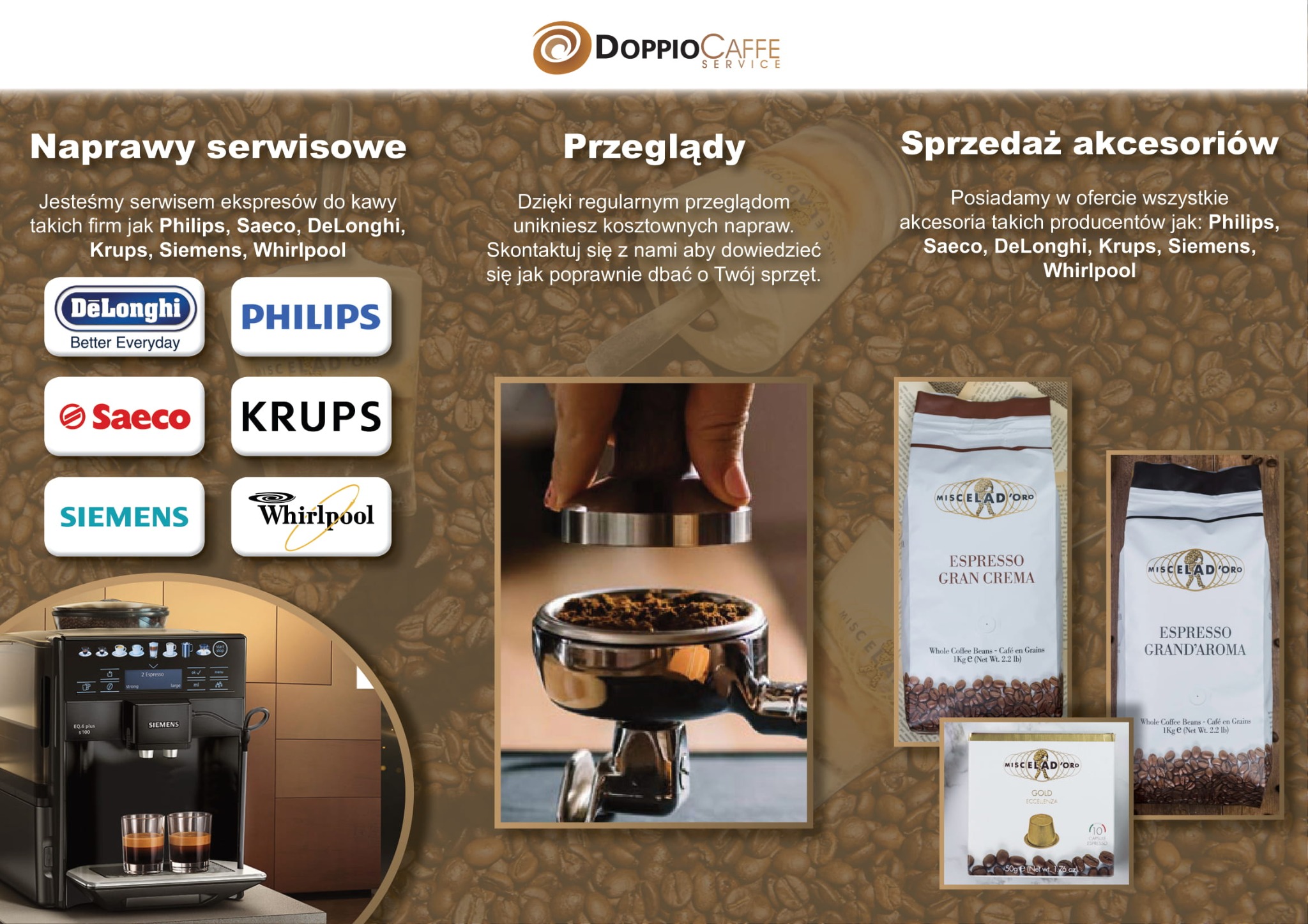 Kompozycja graficzna z ekspresu do kawy Siemens EQ.6 plus S100 z dwiema filiżankami espresso, ubijakiem do kawy w portafiltrze oraz opakowaniami kawy ziarnistej Miscela d'Oro, prezentująca ofertę...