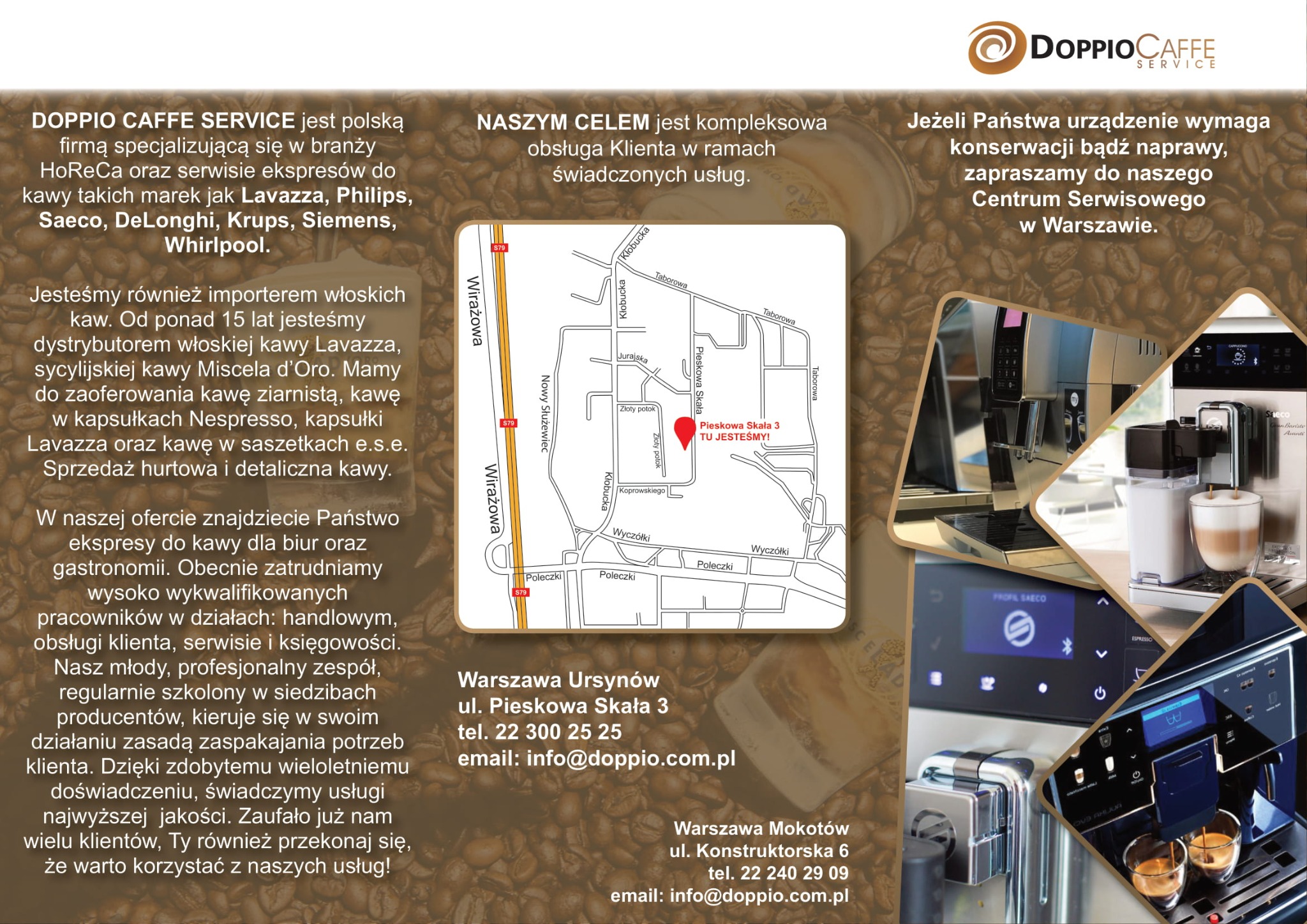 Kompozycja zdjęć ekspresów do kawy różnych marek, w tym zbliżenie na ekran dotykowy Saeco, logo Doppio Caffe Service, mapa dojazdu i tekst z ofertą naprawy i konserwacji w Warszawie.