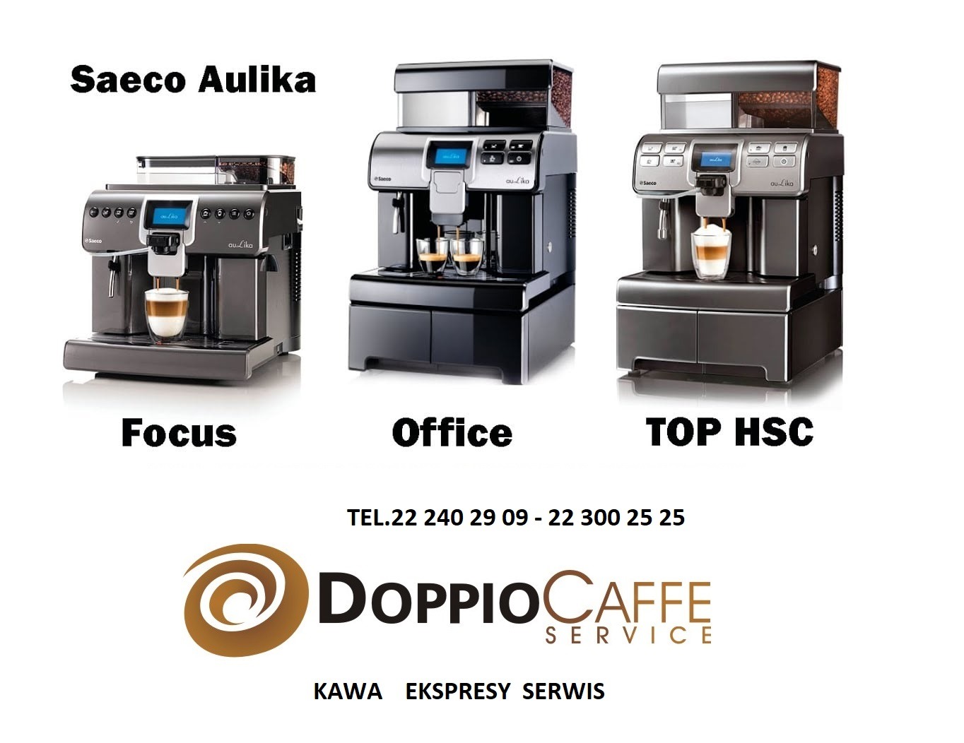 Trzy modele ekspresów do kawy Saeco Aulika (Focus, Office, TOP HSC) na białym tle, prezentacja urządzeń z logo serwisu kawy Doppiocaffe.