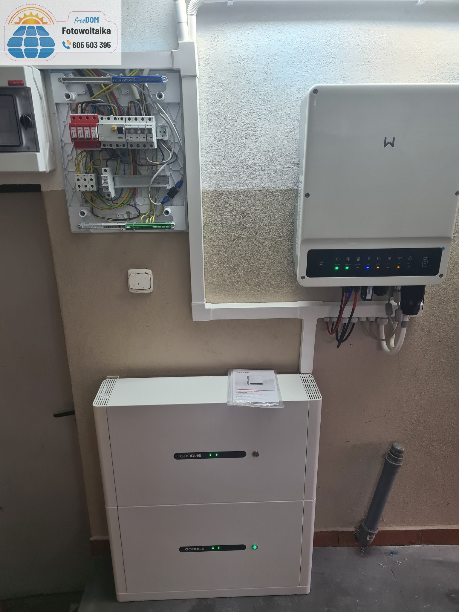 Kompletna instalacja: rozdzielnia elektryczna, inwerter z sygnalizacją LED i dwuczęściowy magazyn energii Goodwe, zamontowane na ścianie wewnątrz budynku.