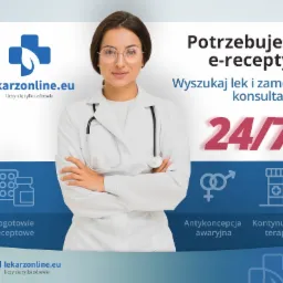 Lekarz w okularach i białym fartuchu z stetoskopem na szyi, stojący na tle grafiki informującej o e-receptach i konsultacjach lekarskich online 24/7.