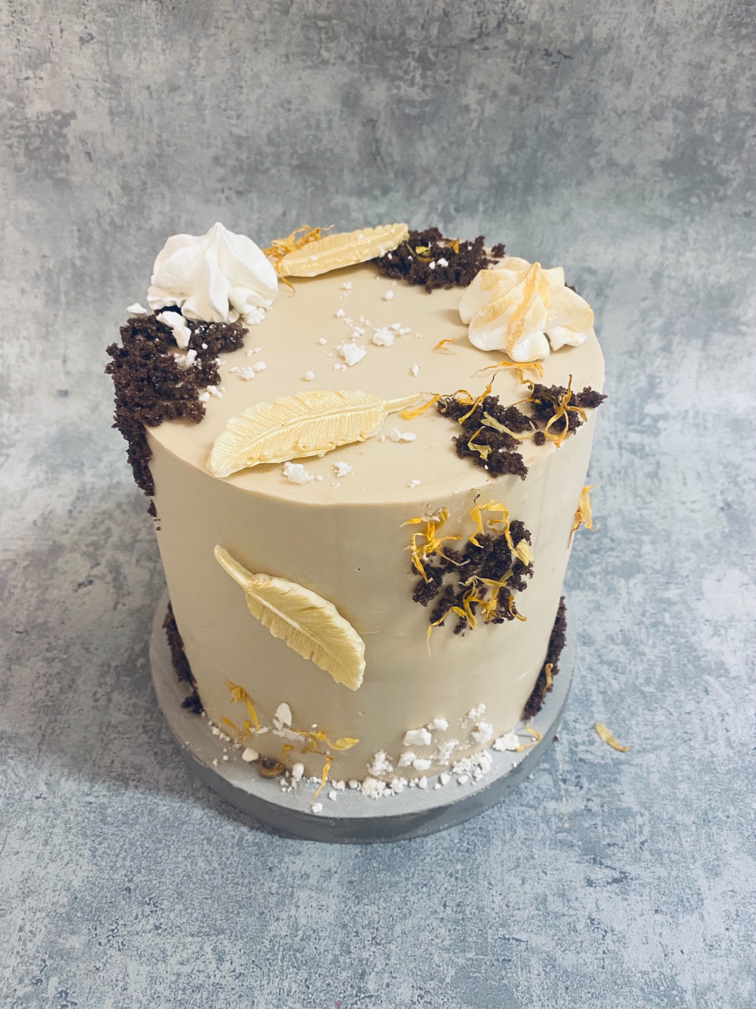 Tort z kremowym lukrem, dekorowany bezami, czekoladowymi okruchami, jadalnymi piórkami i suszonymi płatkami kwiatów na szarym tle.