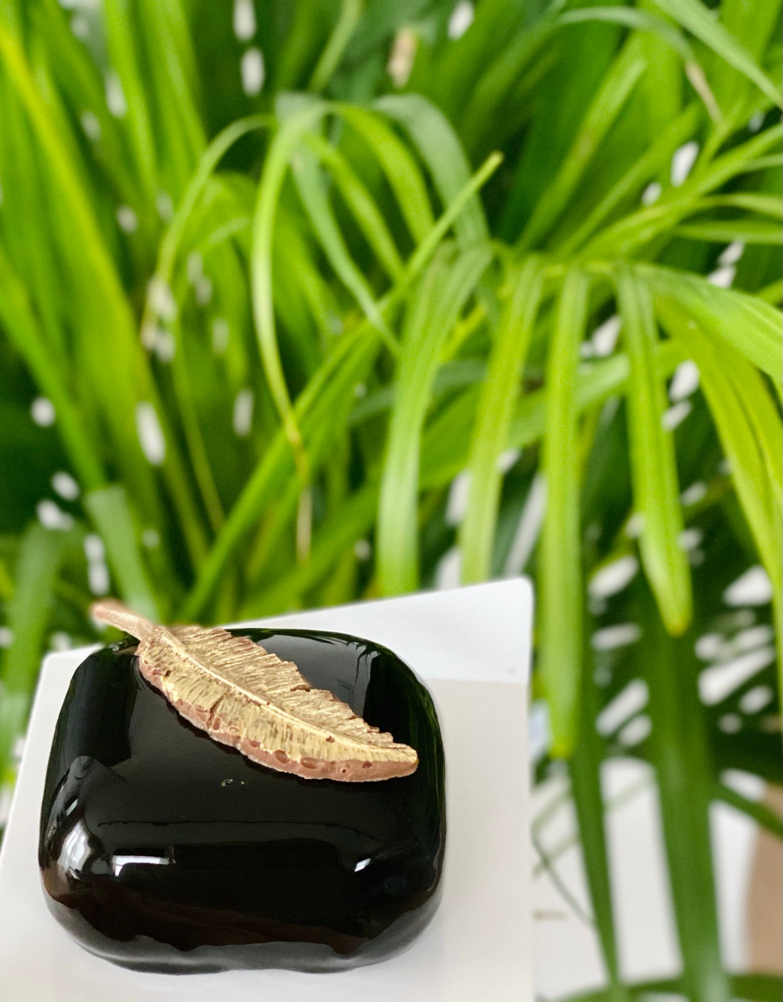 Kwadratowy deser z czarną, błyszczącą polewą i złotym piórkiem na białym talerzyku, na tle zielonych liści.