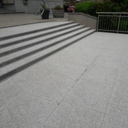 Kamieniarstwo Szymański Wojciech - Zewnętrzne schody z jasnoszarego granitu prowadzące do budynku, z metalową barierką po prawej stronie i roślinami w donicach w tle.