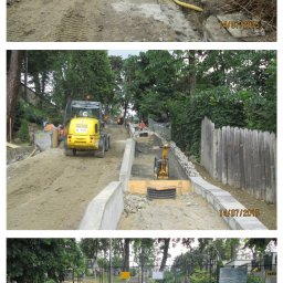 Kamieniarstwo Szymański Wojciech - Trzy kadry z budowy: wyrównywanie terenu, prace ziemne z użyciem maszyn, montaż kamiennych schodów prowadzących do parku. Widoczne narzędzia i materiały budowlane.