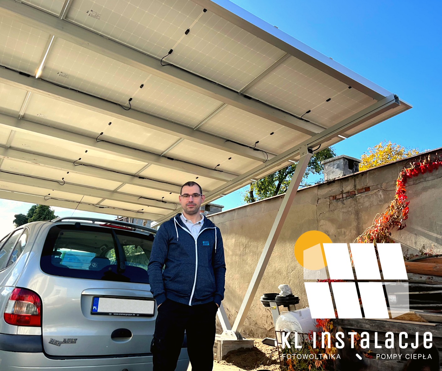 Wejherowo, wykonaliśmy instalację fotowoltaiczną na konstrukcji Carport o mocy 8,2 kWp, inwerter Goodwe 10 lat gwarancji