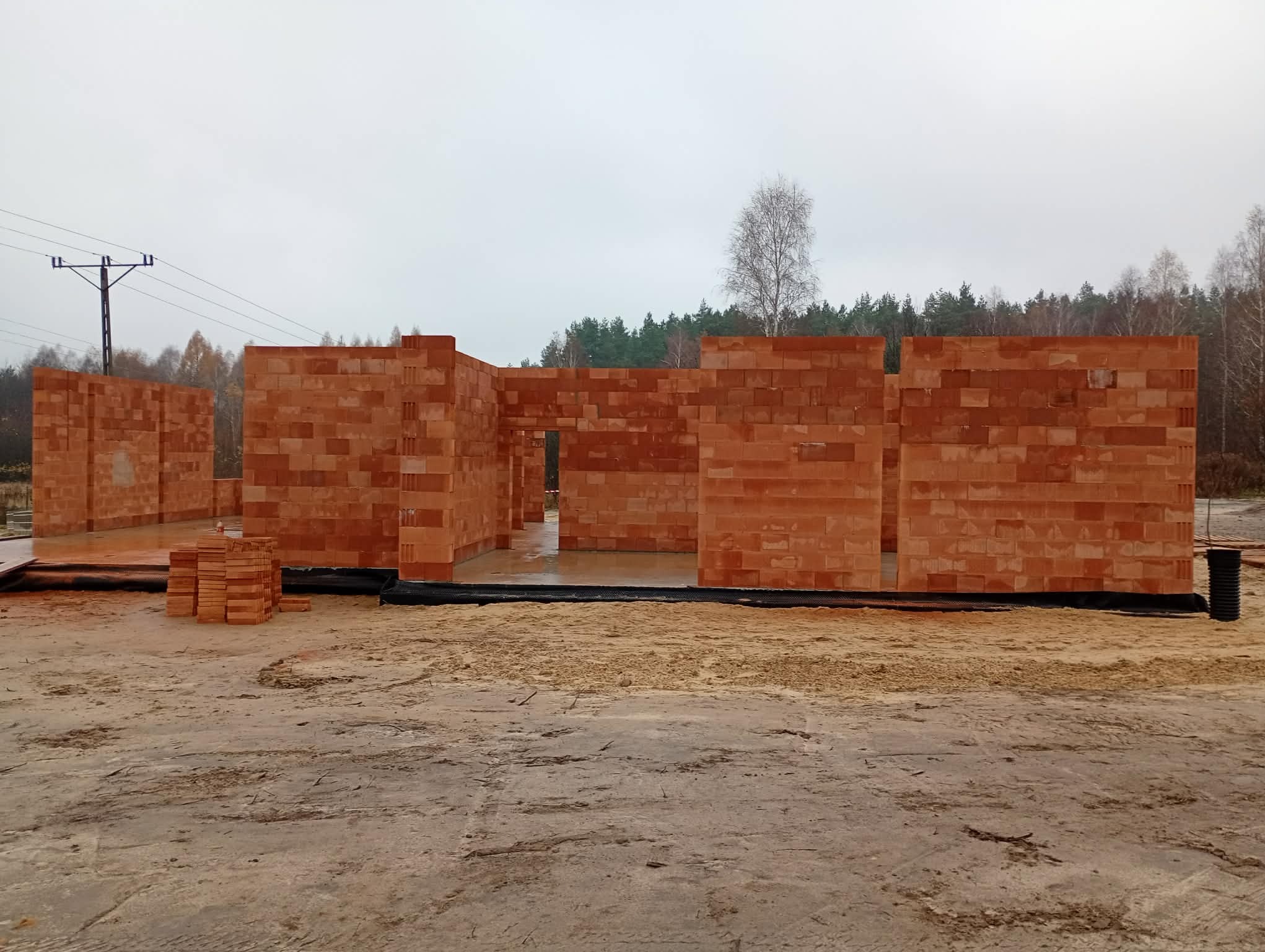 Wznoszone ściany domu z czerwonej cegły ceramicznej. Widoczne ułożone bloczki, teren budowy i drzewa w tle. Stan surowy otwarty w pochmurny dzień.