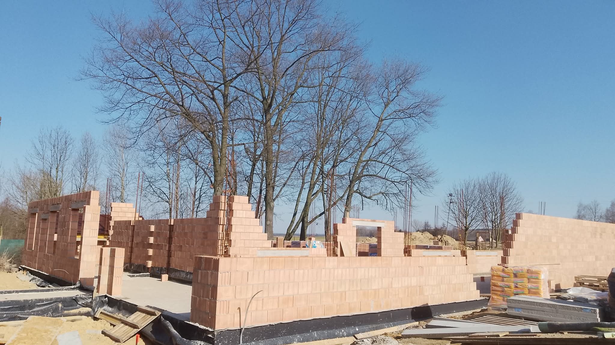 Wznoszenie ścian domu z czerwonej cegły, widoczne zbrojenia i izolacja fundamentów. W tle drzewa bez liści i błękitne niebo.