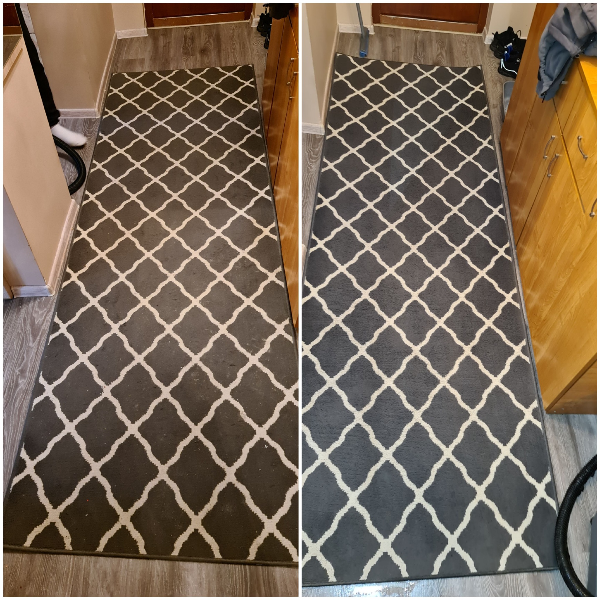 Porównanie stanu dywanu przed i po czyszczeniu, widoczna różnica w kolorze i czystości wzoru.