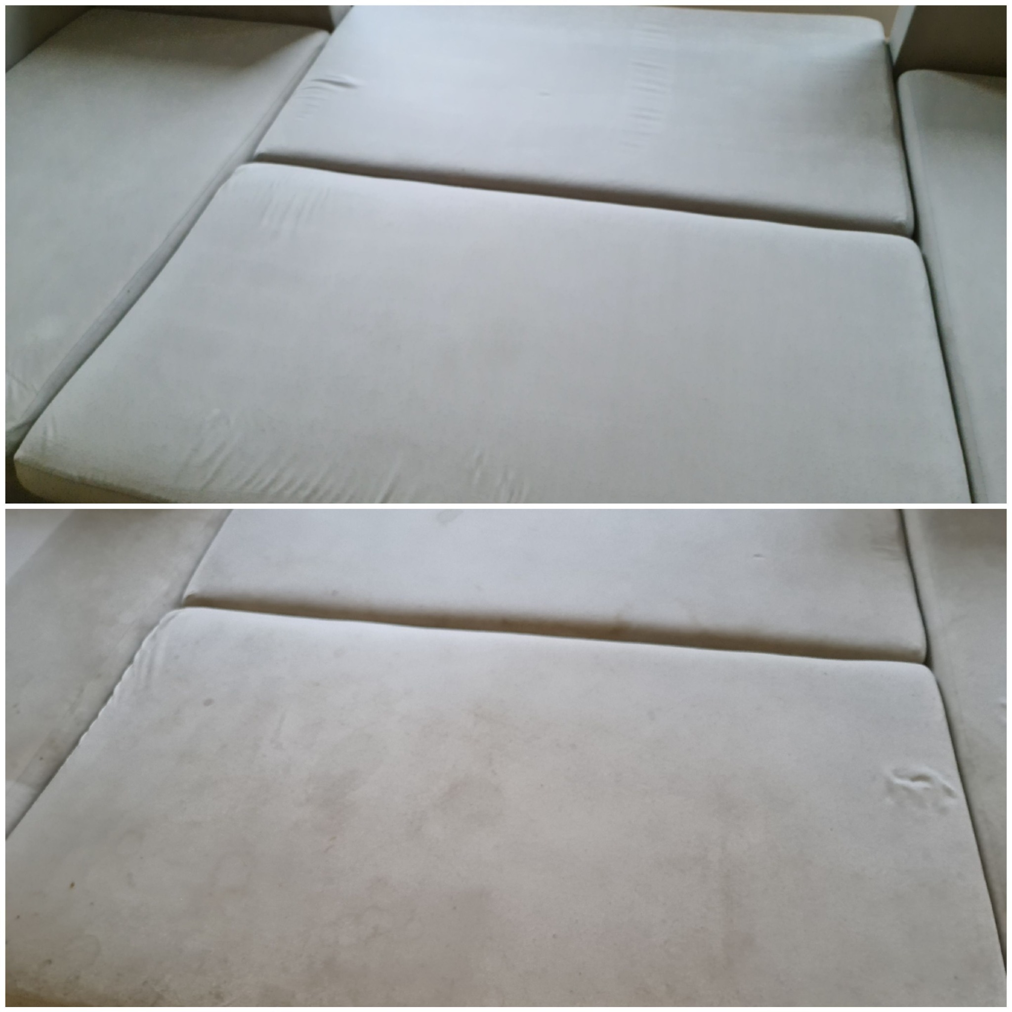 Dwa ujęcia fragmentu jasnej, modułowej sofy z widocznymi plamami przed i po czyszczeniu, ukazujące różnicę w wyglądzie tapicerki.