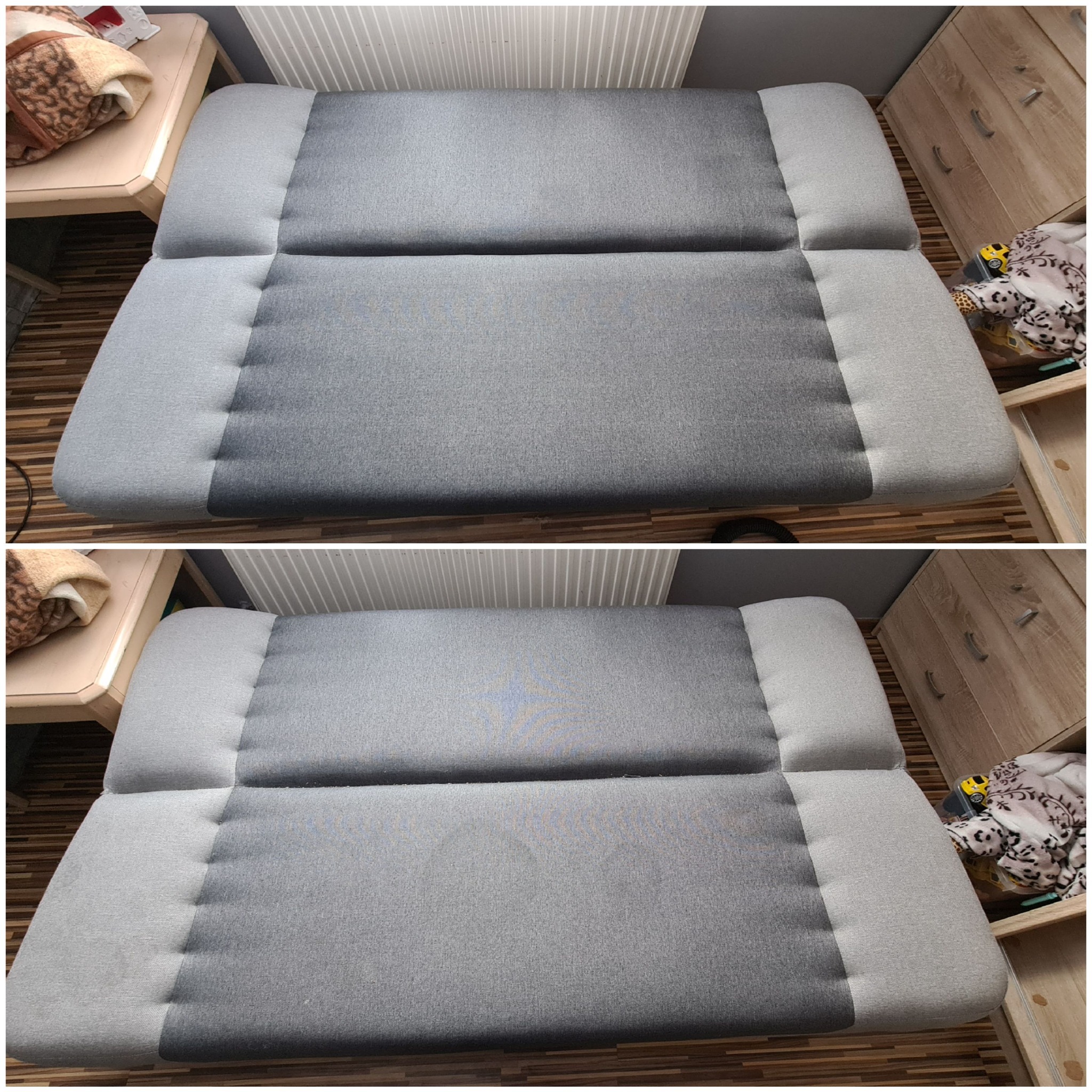 Dwa ujęcia tej samej, szarej kanapy przed i po czyszczeniu, widoczne różnice w odcieniach szarości, z boku stolik nocny z pledem i komoda z otwartą szufladą.