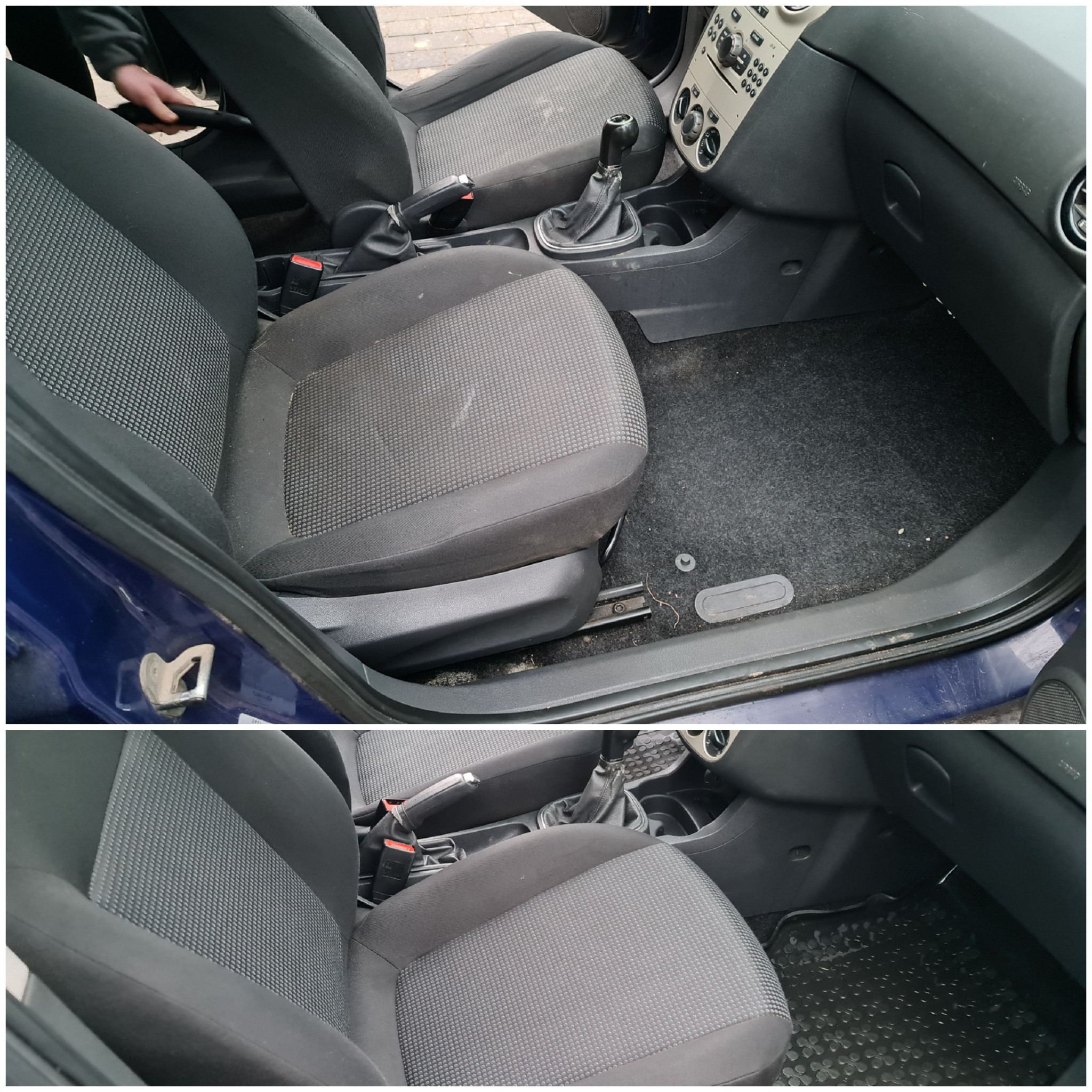 Wnętrze brudnego samochodu przed czyszczeniem: fotel kierowcy, podłoga i deska rozdzielcza. Na górnym ujęciu widoczna ręka z odkurzaczem. Na dolnym ujęciu czarna gumowa wycieraczka.
