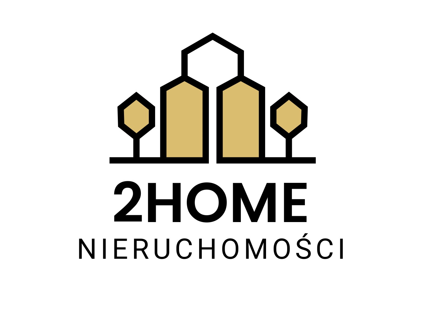Minimalistyczne logo '2HOME Nieruchomości' z abstrakcyjnym symbolem domu i drzew w kolorze złotym na białym tle. Nowoczesny design.