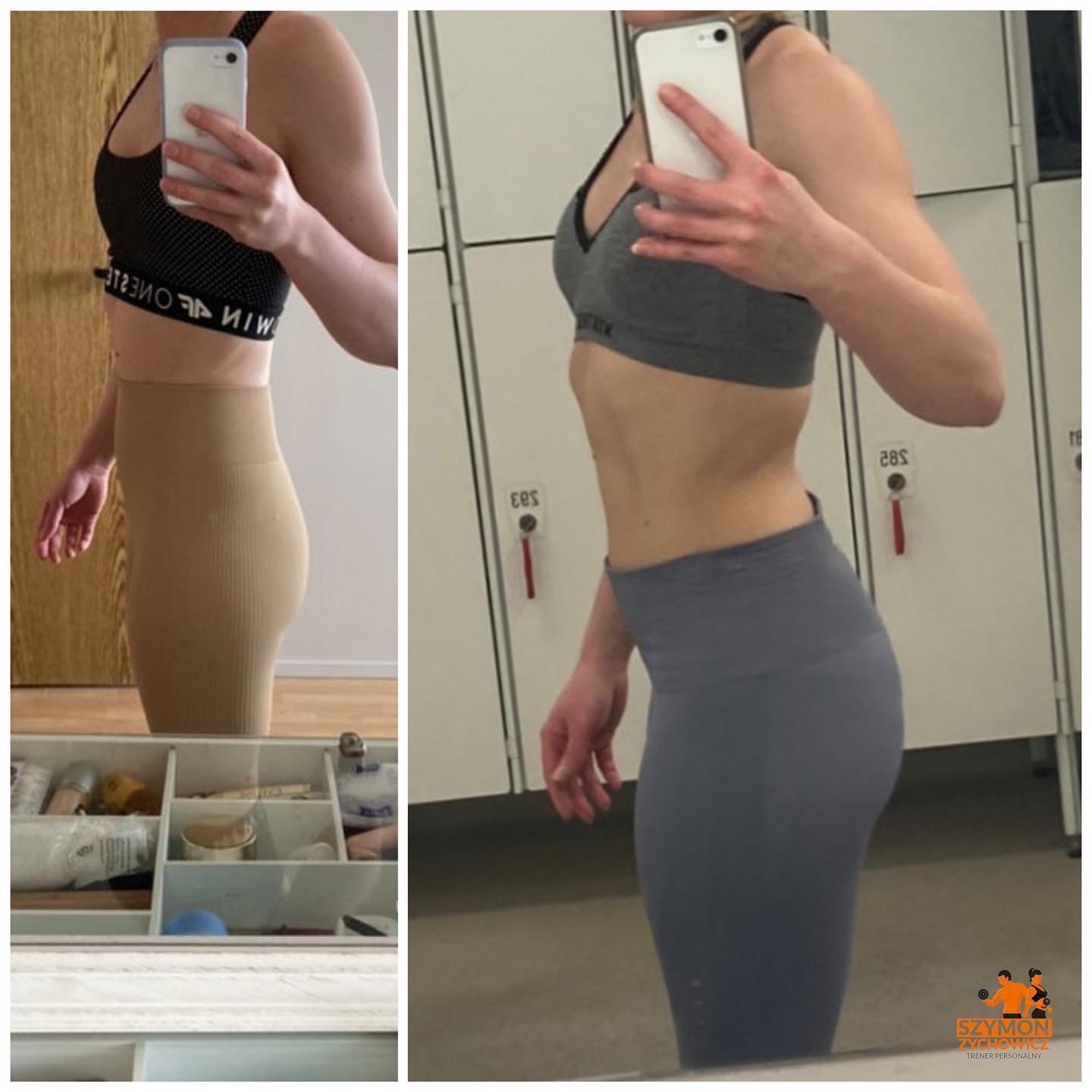 Porównanie sylwetki kobiety przed i po, widoczne zmiany w talii i pośladkach, zdjęcia zrobione telefonem w lustrze, różne stroje sportowe.