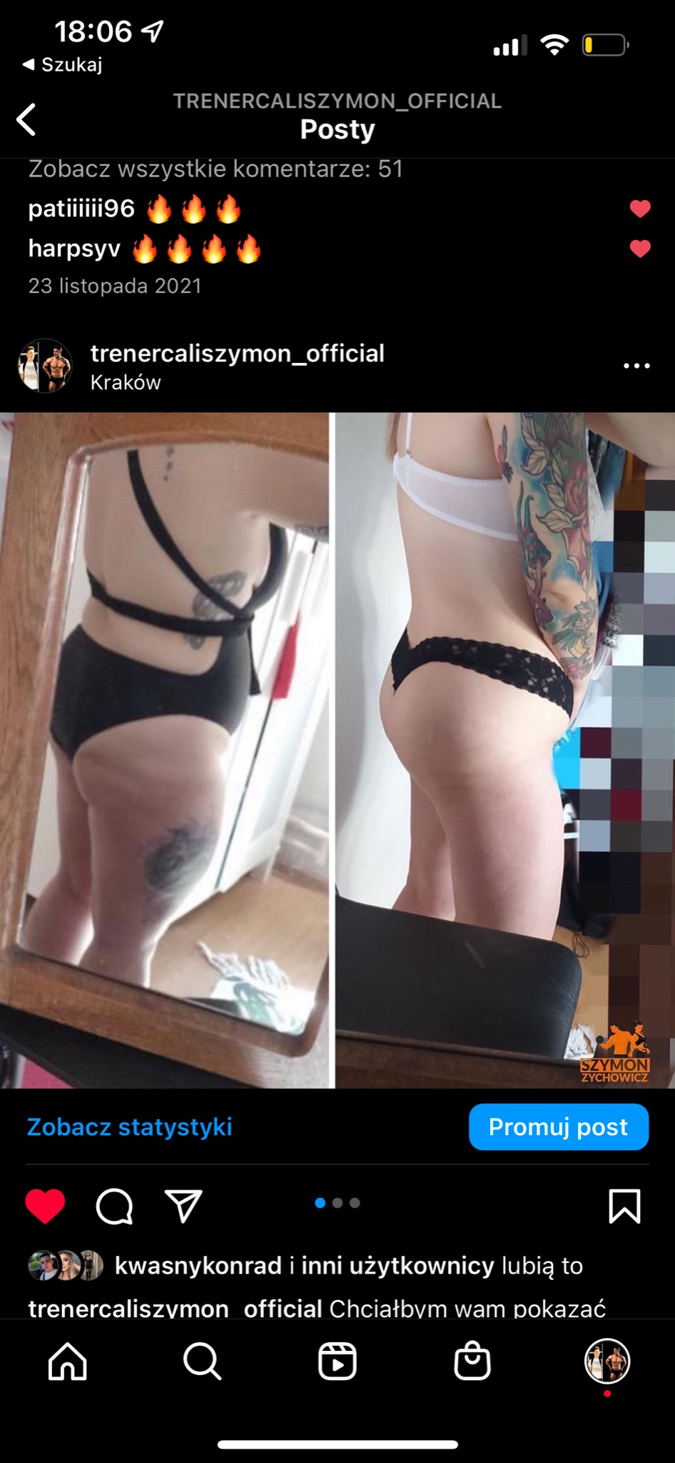 Zdjęcie 'przed i po' prezentujące sylwetkę kobiety przed i po treningach, widoczne tatuaże na udzie i ramieniu, zrobione w domowych warunkach.