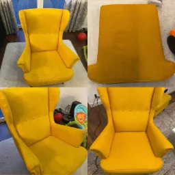 Żółty fotel typu uszak: widok przed czyszczeniem, w trakcie czyszczenia siedziska i po całkowitym wyczyszczeniu.