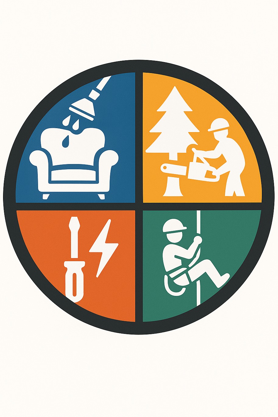 Ikona usług: pranie kanap, wycinka drzew, prace elektryczne, prace na wysokościach. Grafika w okręgu, podzielona na cztery kolorowe segmenty z białymi symbolami.