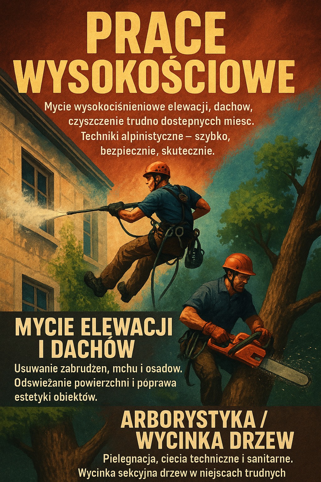 Grafika reklamowa: prace wysokościowe, mycie elewacji i dachów technikami alpinistycznymi oraz arborysytyka/wycinka drzew. Usługi w trudno dostępnych miejscach.