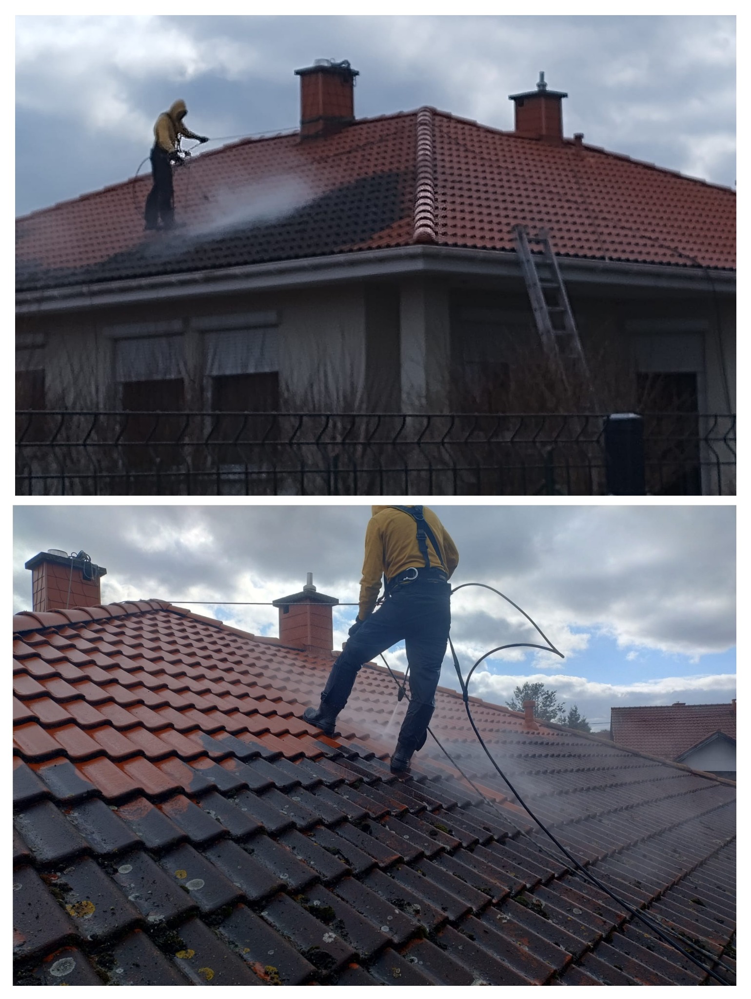 Przed i po: Czyszczenie dachu z czerwonej dachówki. Górne ujęcie pokazuje czyszczenie, dolne efekt. Widoczny pracownik w uprzęży i lanca ciśnieniowa.