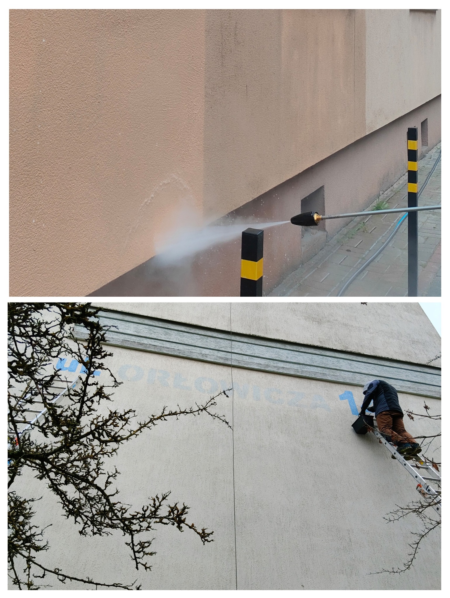 Dwuczęściowe ujęcie: górne - mycie elewacji myjką ciśnieniową, dolne - malowanie numeru budynku z drabiny, gałęzie drzewa w kadrze.