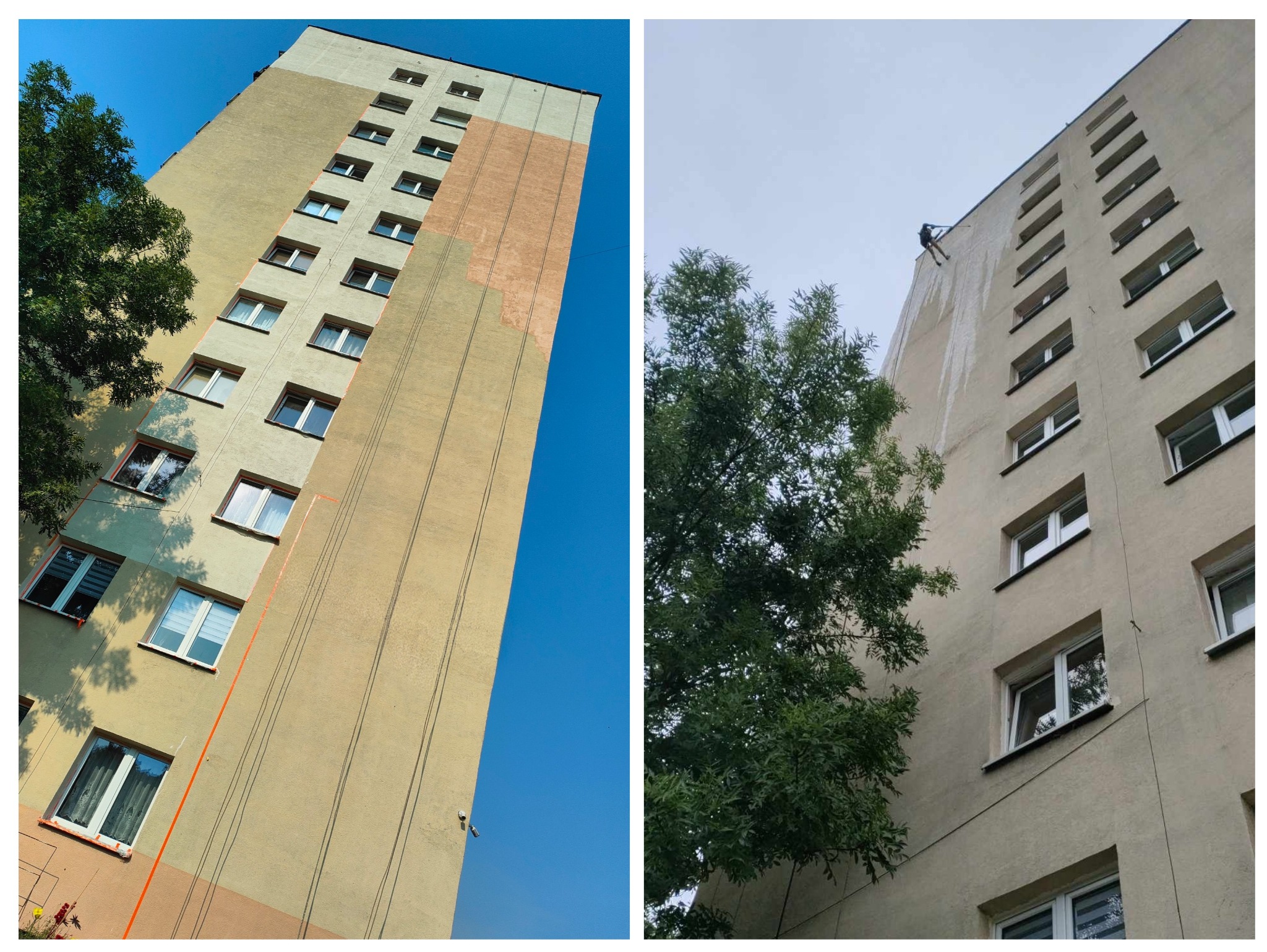 Dwa ujęcia bloku: jedno z nieba, drugie z pracownikiem na linie podczas mycia elewacji. Widoczne ślady mycia i drzewo w kadrze. Jasna fasada budynku.