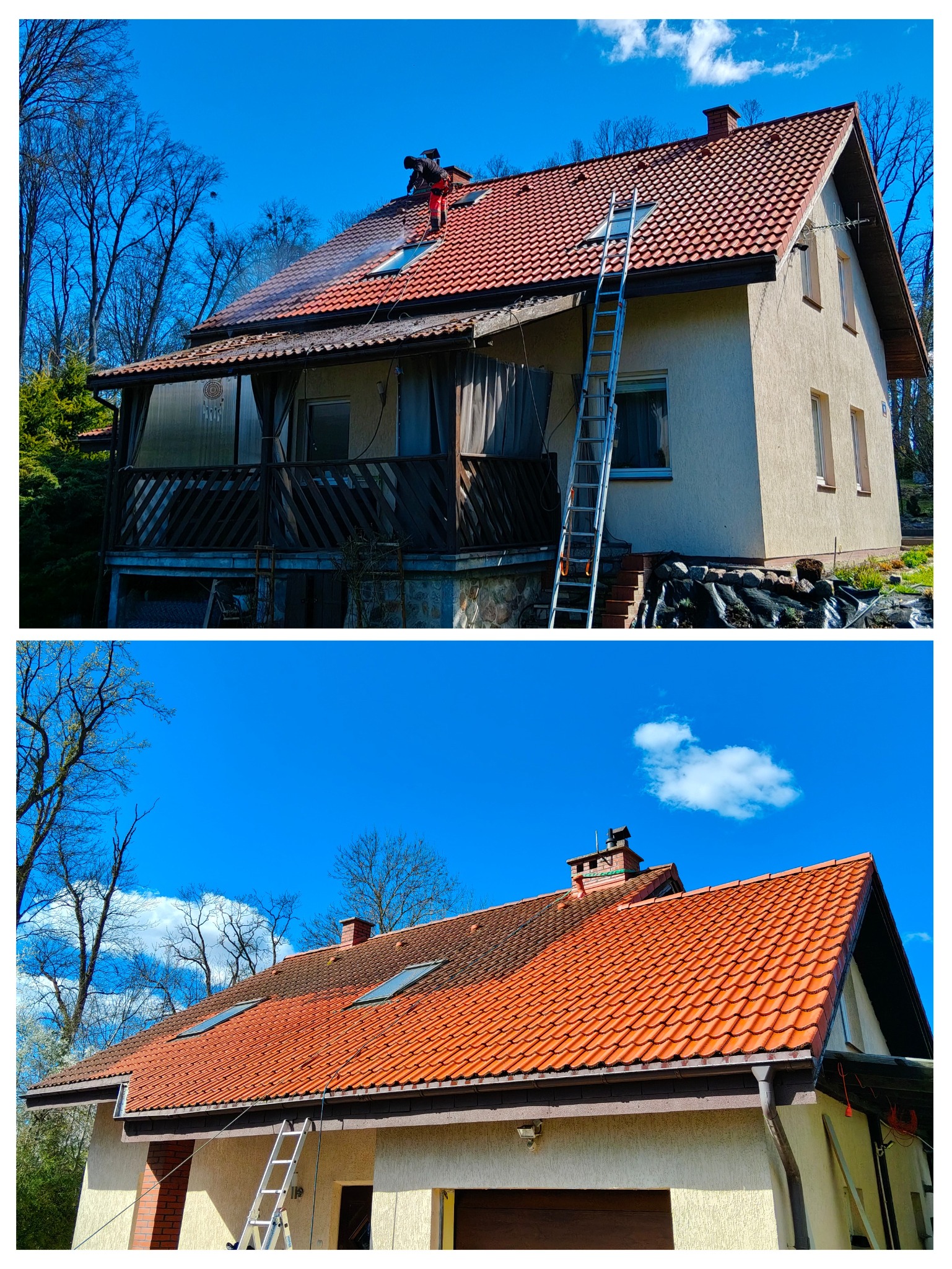 Dwuczęściowe ujęcie dachu przed i w trakcie mycia. Czerwona dachówka, drabina oparta o ścianę, pracownik w czerwonym kombinezonie czyści dach myjką ciśnieniową.