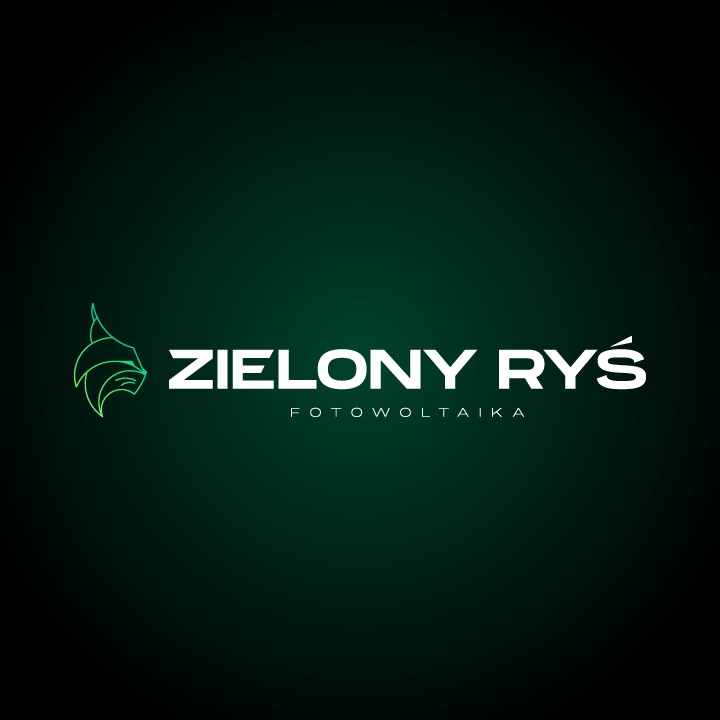 Logo firmy 'Zielony Ryś' z motywem rysia w kolorze zielonym, pod spodem napis 'FOTOWOLTAIKA'.