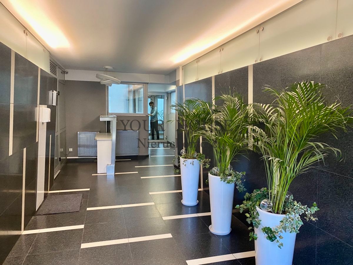 Wnętrze korytarza budynku z ciemną podłogą w białe pasy, ciemnymi ścianami i trzema wysokimi donicami z zielonymi roślinami, w tle widać osobę wchodzącą przez szklane drzwi.