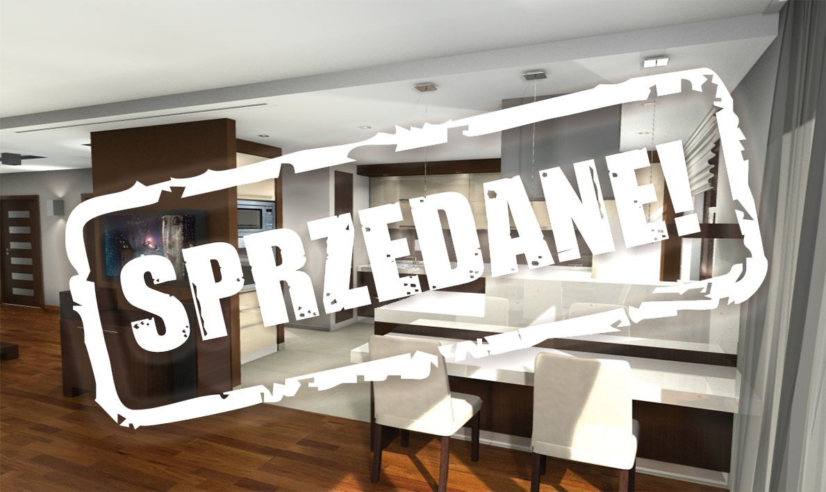 Wnętrze mieszkania z widoczną kuchnią i jadalnią, na zdjęciu duży napis 'SPRZEDANE!'