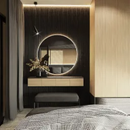 Nowoczesna sypialnia z łóżkiem w pepitkę, toaletką z okrągłym lustrem podświetlanym LED, czarną ścianą z pionowymi panelami i drewnianą szafą.