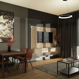 Marlena Pokora - Studio Projektowe - Nowoczesne wnętrze salonu z jadalnią w odcieniach szarości i brązu, z obrazem popiersia, drewnianym stołem i krzesłami, oraz telewizorem na podświetlanej szafce RTV.